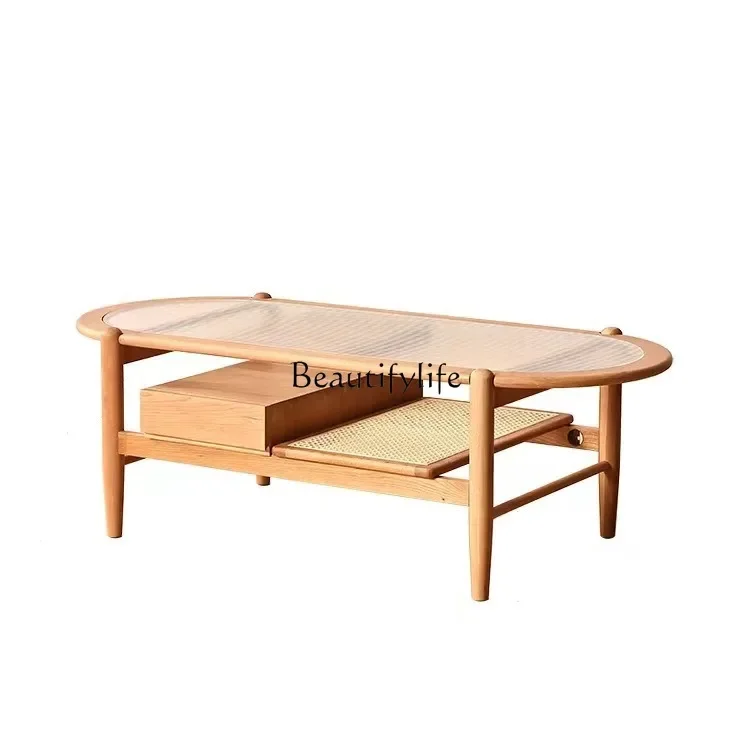 

Cherry wood solid wood coffee table rattan double-layer small apartment Changhong glass tea table Nordic modern, low table