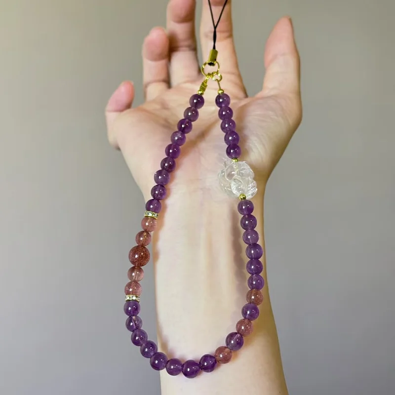 Phone Strap,Amethyst and strawberry quartz Bead Phone Strap,Healing Energy Crystal Phone Chain,Phone Wristlet, Amethyst Bracelet