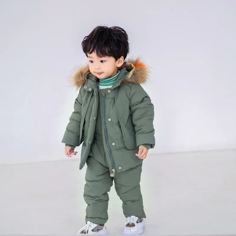 2023 New Winter 2 3 4 6 8 Years Fur Hooded Jacket+Overalls Suit 2Pcs Duck Down Children Clothing Set for Baby Kids Girls Boys