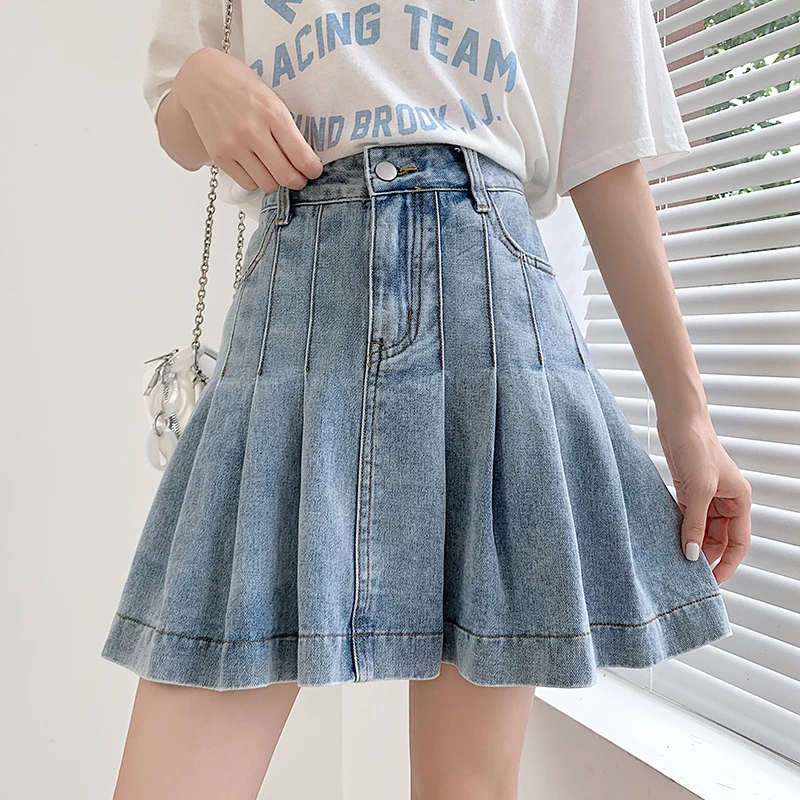 New 2024 Summer Denim Skirts For Women High Waist Pockets Pleated Blue Jeans Skirt Hot Sake Korean Fashion Lady Mini Skirt Woman