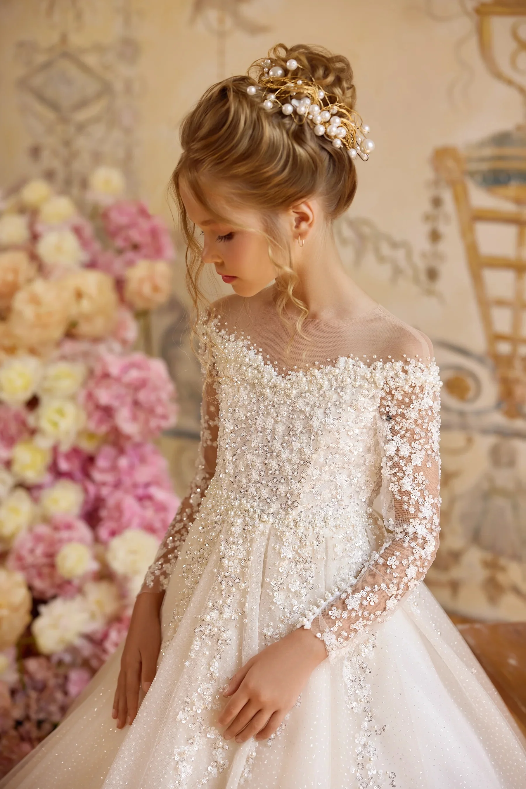 Pearls White Flower Girl's Dresses for Wedding Bow Appliqued Long Sleeve First Communion Dress Baby Girl Birthday Party Gowns image 4