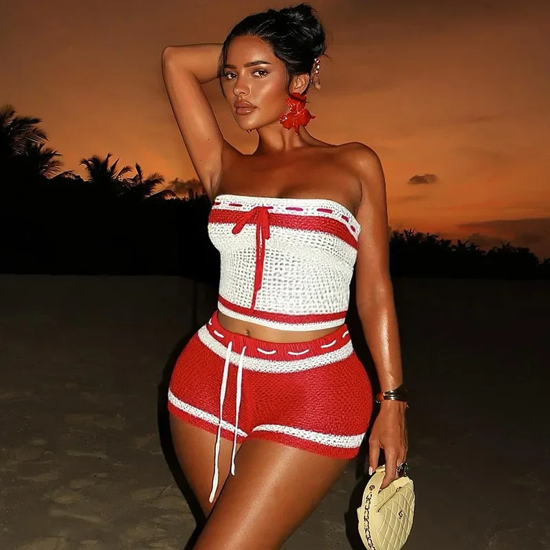 

Women Sexy Color Patchwork Knitted 2 Piece Set Drawstring Strapless Crop Tops + Shorts Holiday Beach Matching Suits Outfits