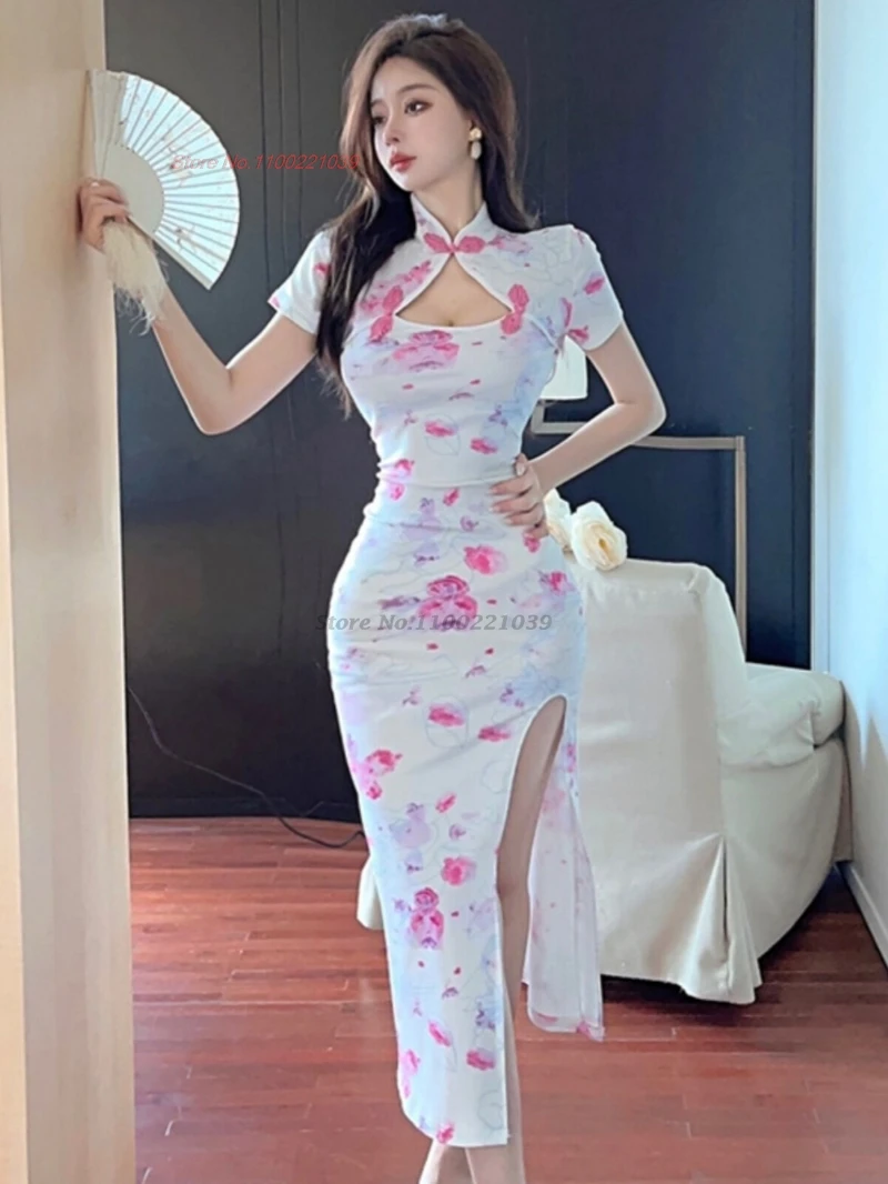 

2026 chinese improved cheongsam sexy qipao national flower print qipao dress traditional nightclub evening banquet dress qipao