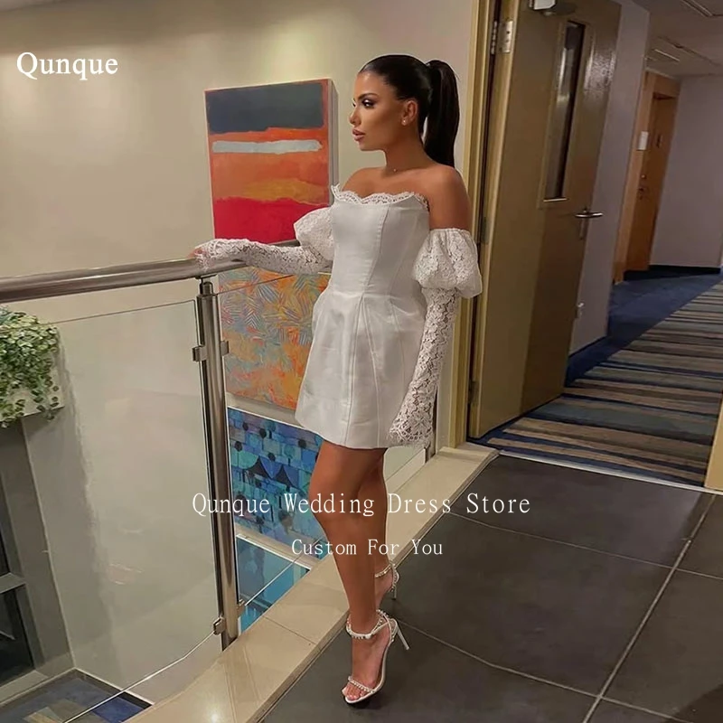 

Qunque Simple Satin Wedding Dress Long Sleeves Lace Appliques Mini Robes De Soirée Vestidos De Novia Personalizados Customized
