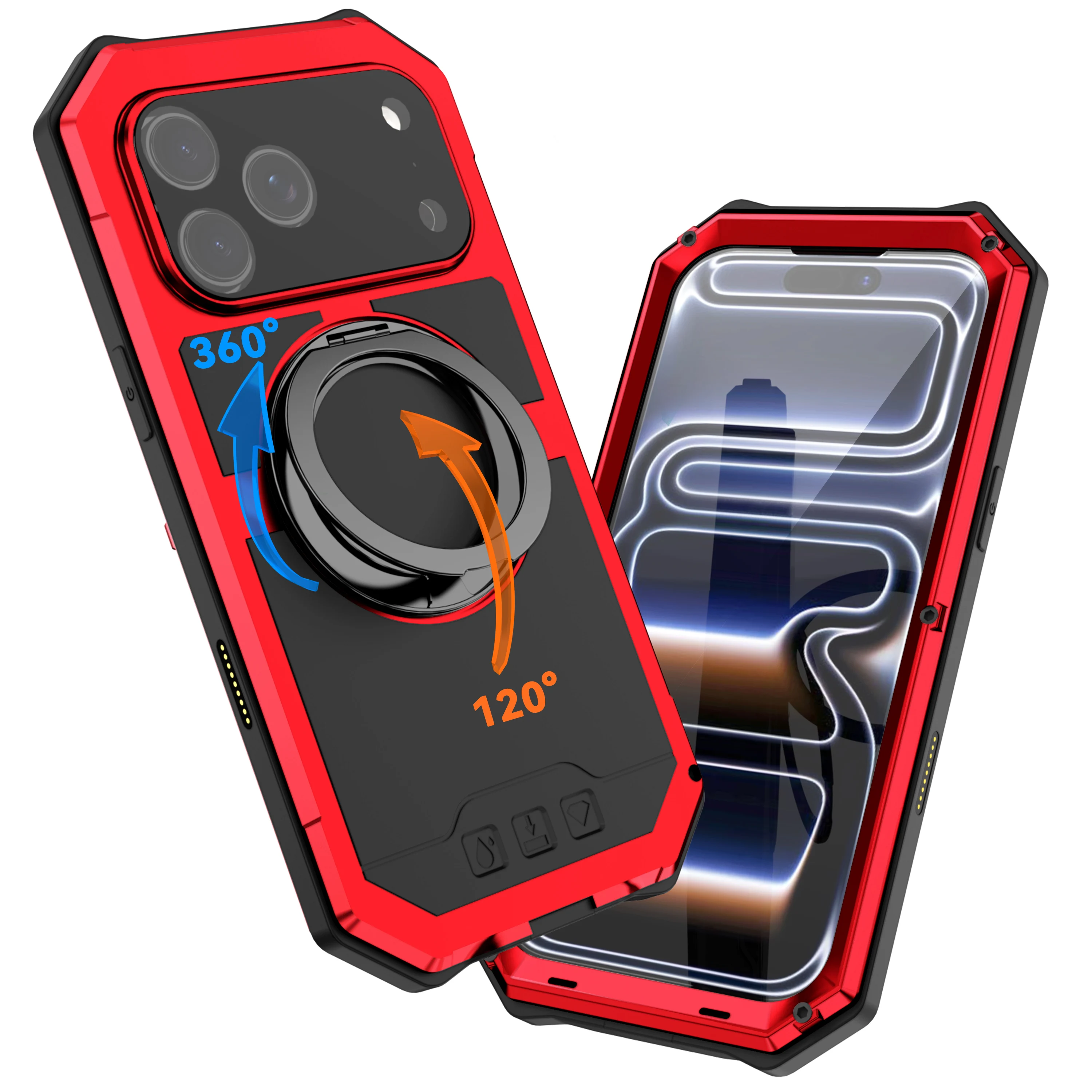 

Rugged Military Shockproof Phone Case For iPhone 17 Pro Max Magnetic Attraction Metal Cover with Glass Lens Protector Stand IP67