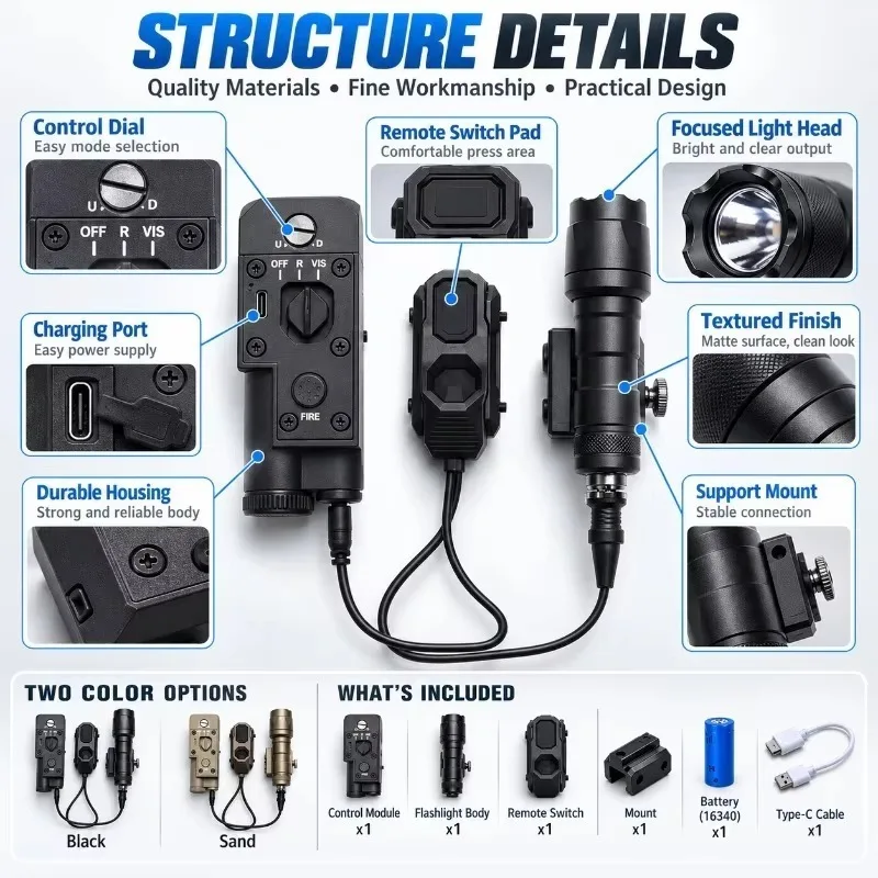 Green Red Dual Beam Lighting Set, Remote Pressure Switch, Bright Focus Illumination, Adjustable Mount, Outdoor Night Gear