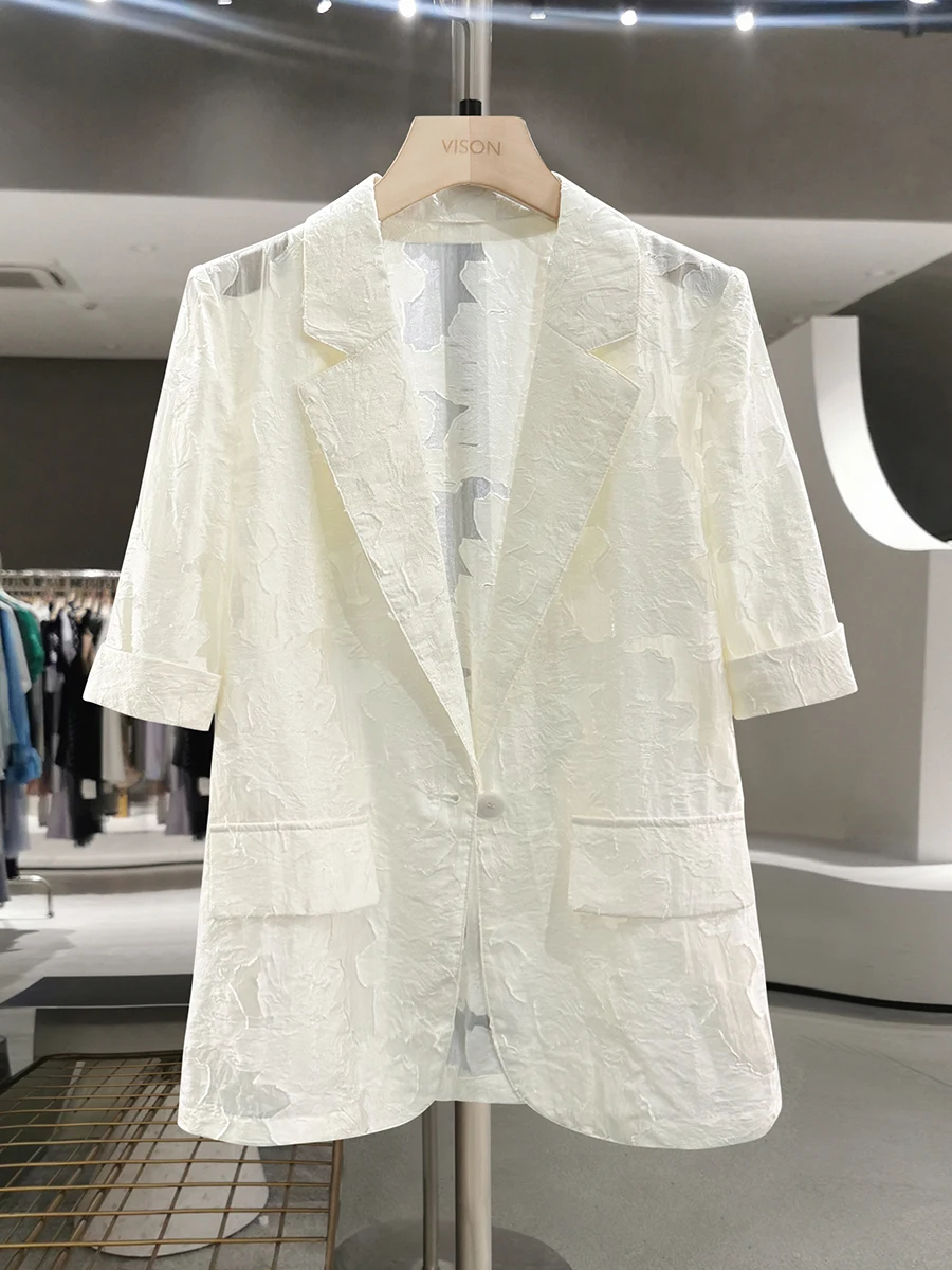 

Уникальная легкая летняя блузка с вышивкой бежевого цвета, женский деловой костюм, дышащий высококачественный полиэстеровый жакет