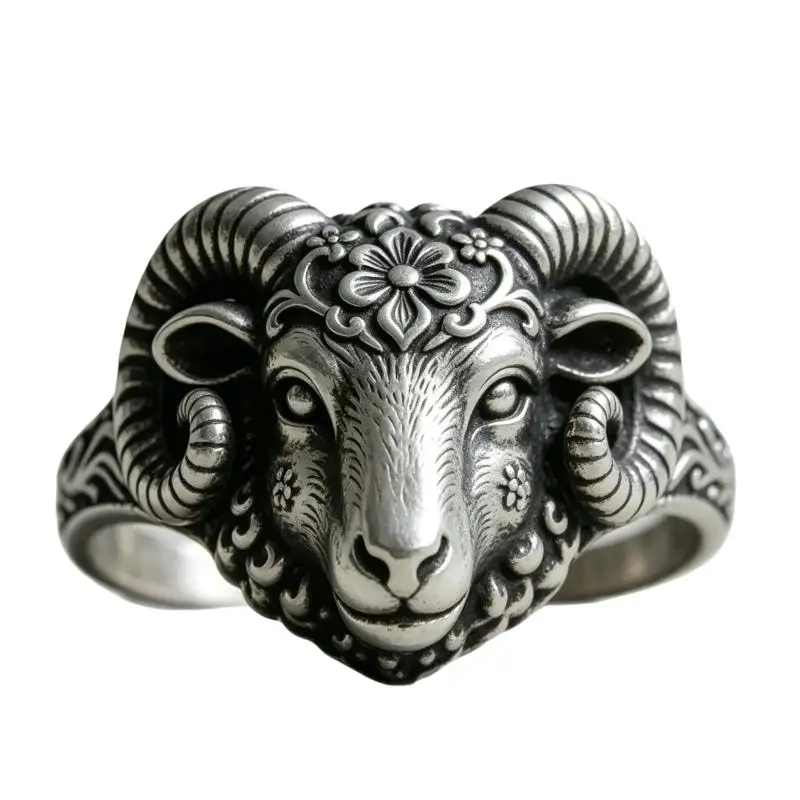 Vintage-Ring mit silberfarbenem Widderkopf, geschnitzter Blumenring mit Widdermotiv, gotischer Tier-Punk-Schmuck, zartes Geschenk für Männer und Frauen, Party-Accessoire. – Detail 7