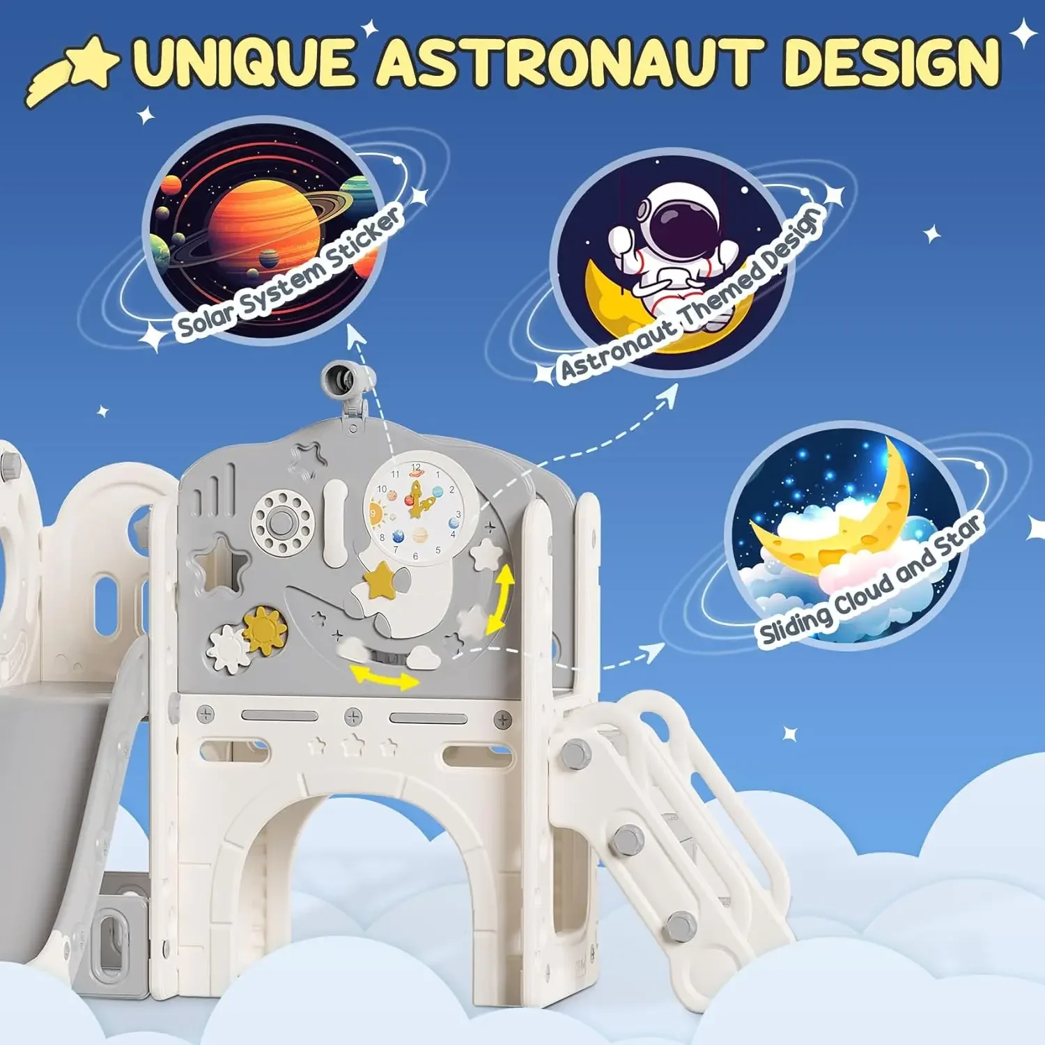 10 in 1 Toddler Slide, Astronaut Themed Baby Slide for Toddlers Aged 1-3, with Astronaut, Phone Call Design and Basketball Hoop,