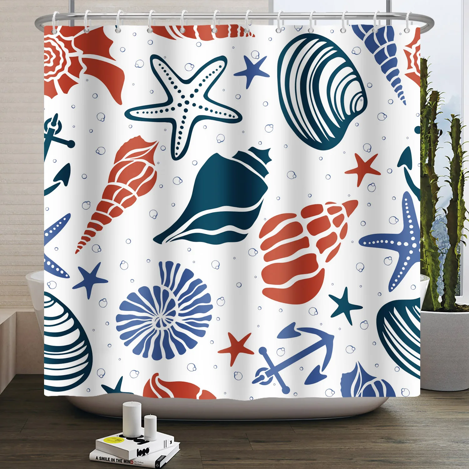 Whale Sea Animal Pattern Shower Curtain Coral Seashell Shell Bathroom Hanging Hooks Waterproof Opaque Shower Curtain Partition