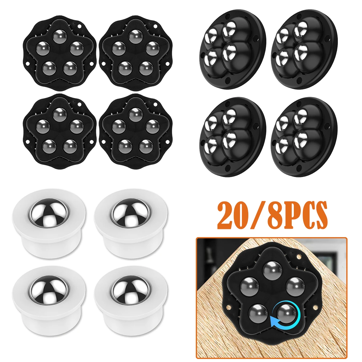 20/8PCS Mute Ball Pulley Universal Wheel Furniture Mini Swivel Casters Wheel Self Adhesive Stainless Steel Casters