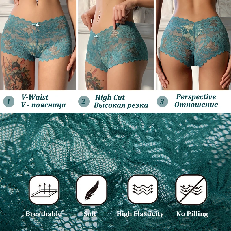 2023 Women Sexy Lace Panties Floral Perspective Uderwear Solid Color Intimates Boyshort Female V-Waist Breathablle Soft Lingerie