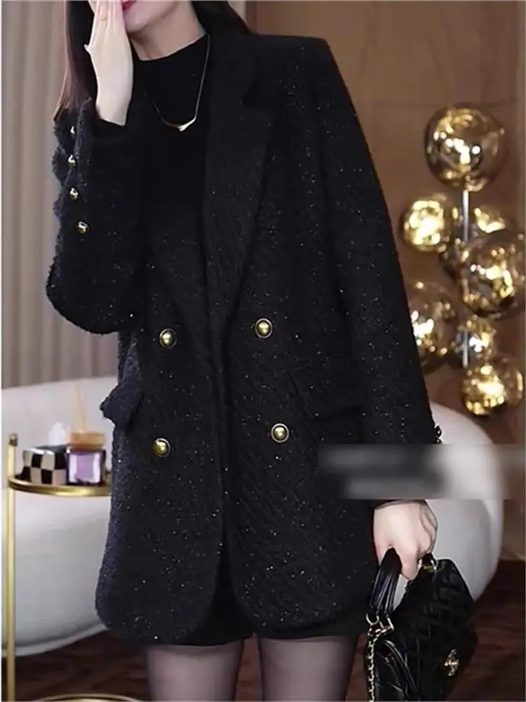 

Faionable Cotton-Padded Bla Jaet Winter Leisure Sle Women's Suit Cleanfit Design ort Length Double Breasted Buttons