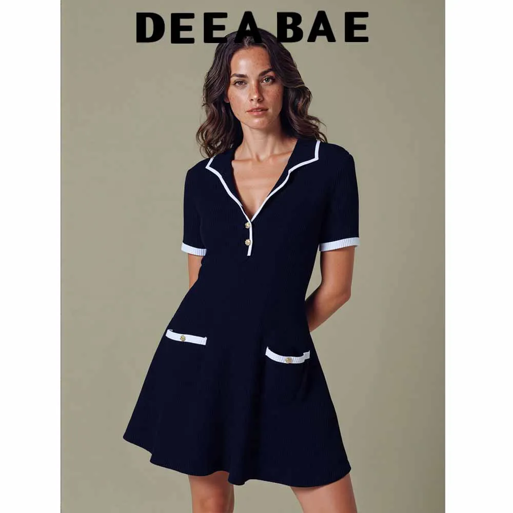 DEEABAE Autumn women's fashion temperament metal button ribbed contrasting color trim V-neck cinched waist dress