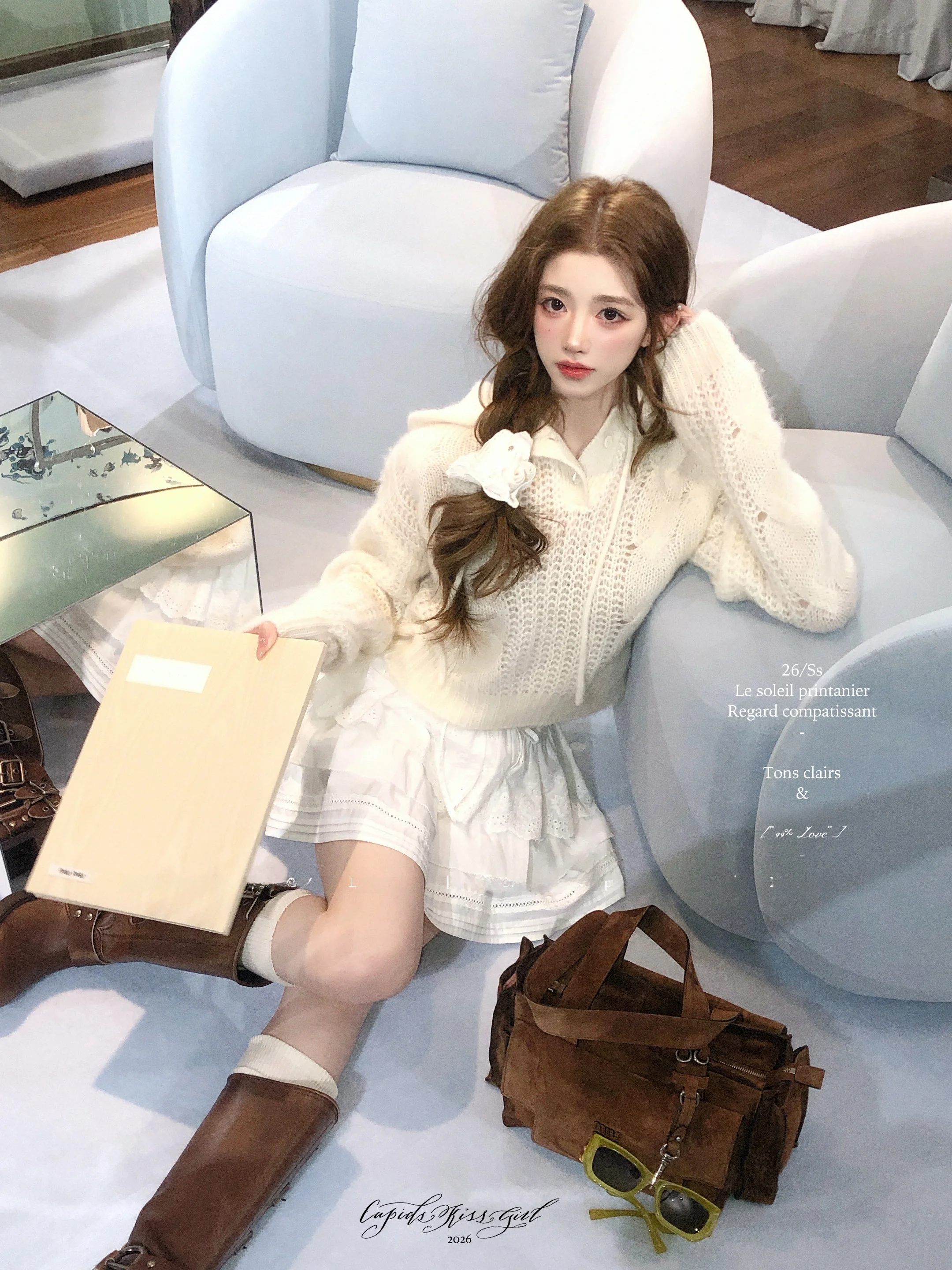 

CSK Cupid Korean Style Girl's Romantic Knitted Sweater with Twist Camel Wool Thick Needle Hollow Lace Half Skirt