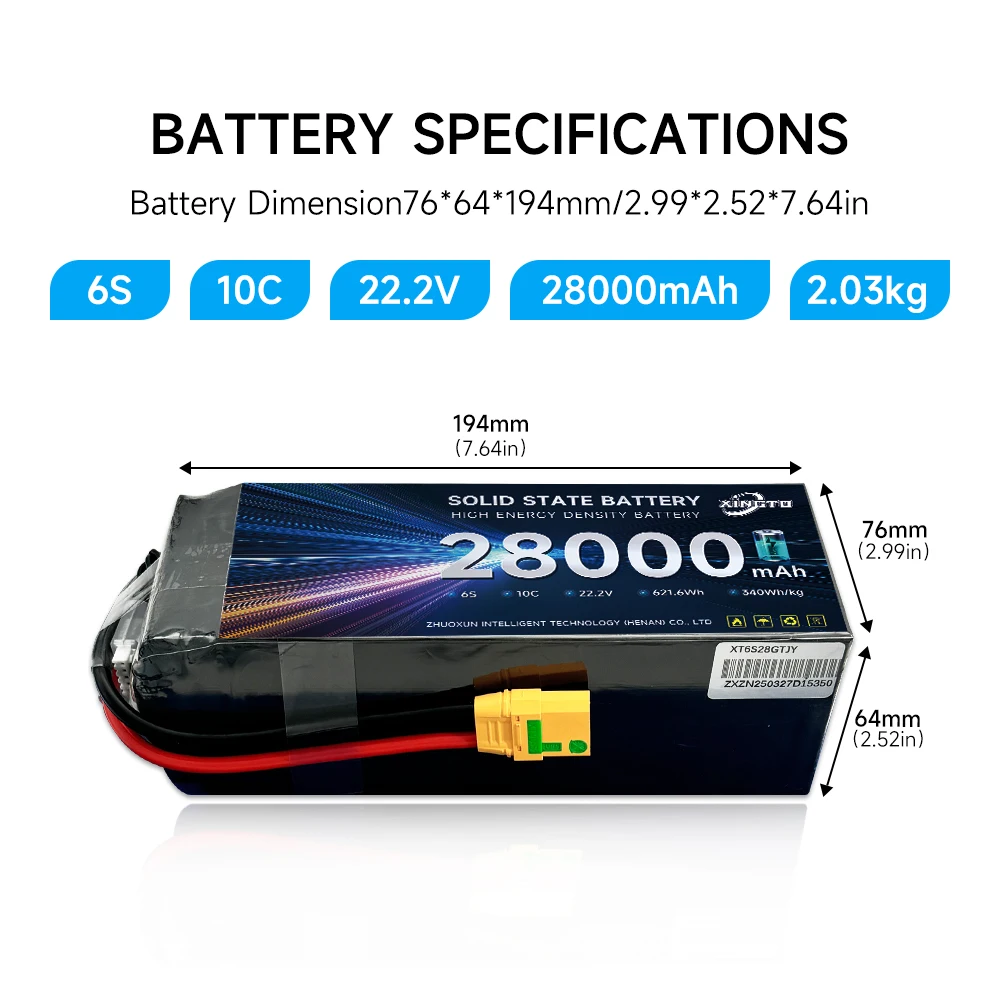 

Wholesale Best Quality 6s 22.2v 28000mah 340wh/kg 621.6wh Drone Battery with Long Life