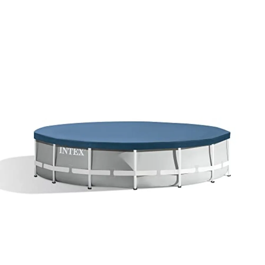 Above ground swimming pool set for backyard use, steel frame with blue finish, includes debris cover, ladder, and 120V 1000 GPH