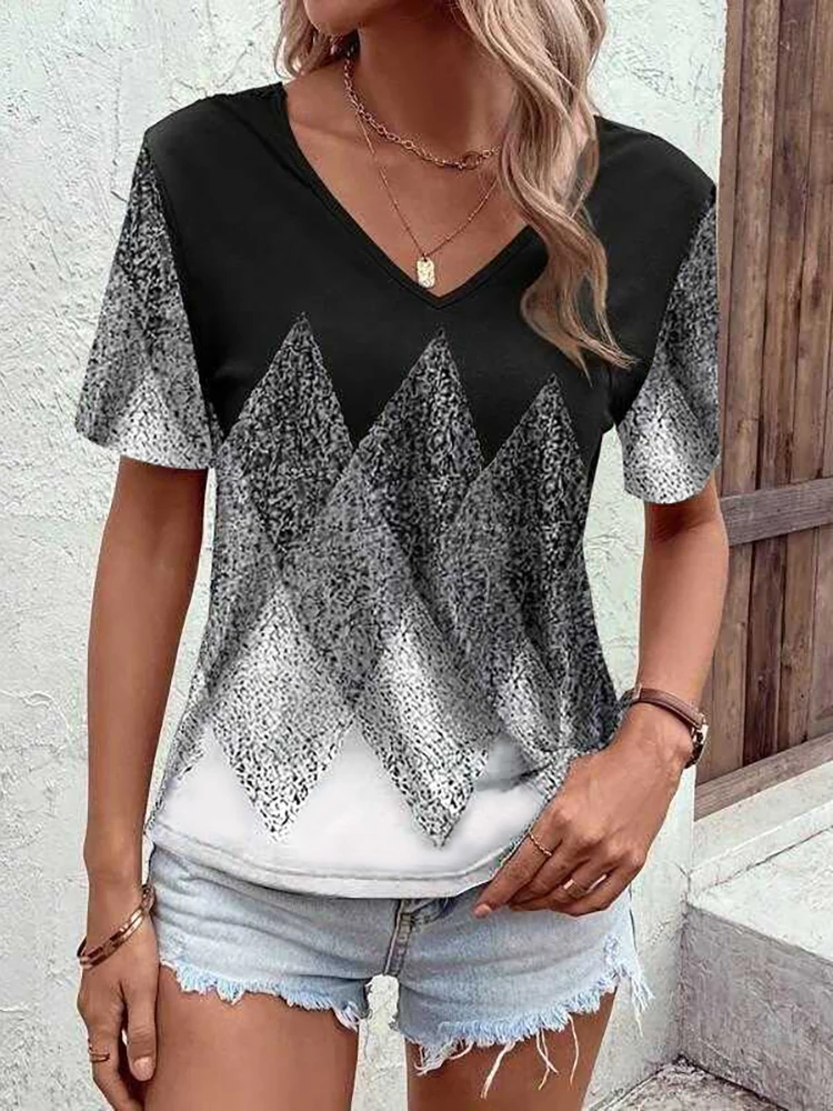 

Женская футболка весна-лето, черная/белая/серая, с принтом змеи и бриллиантов, V-образный вырез, короткий рукав, имитация двухслойного дизайна, шикарный повседневный топ