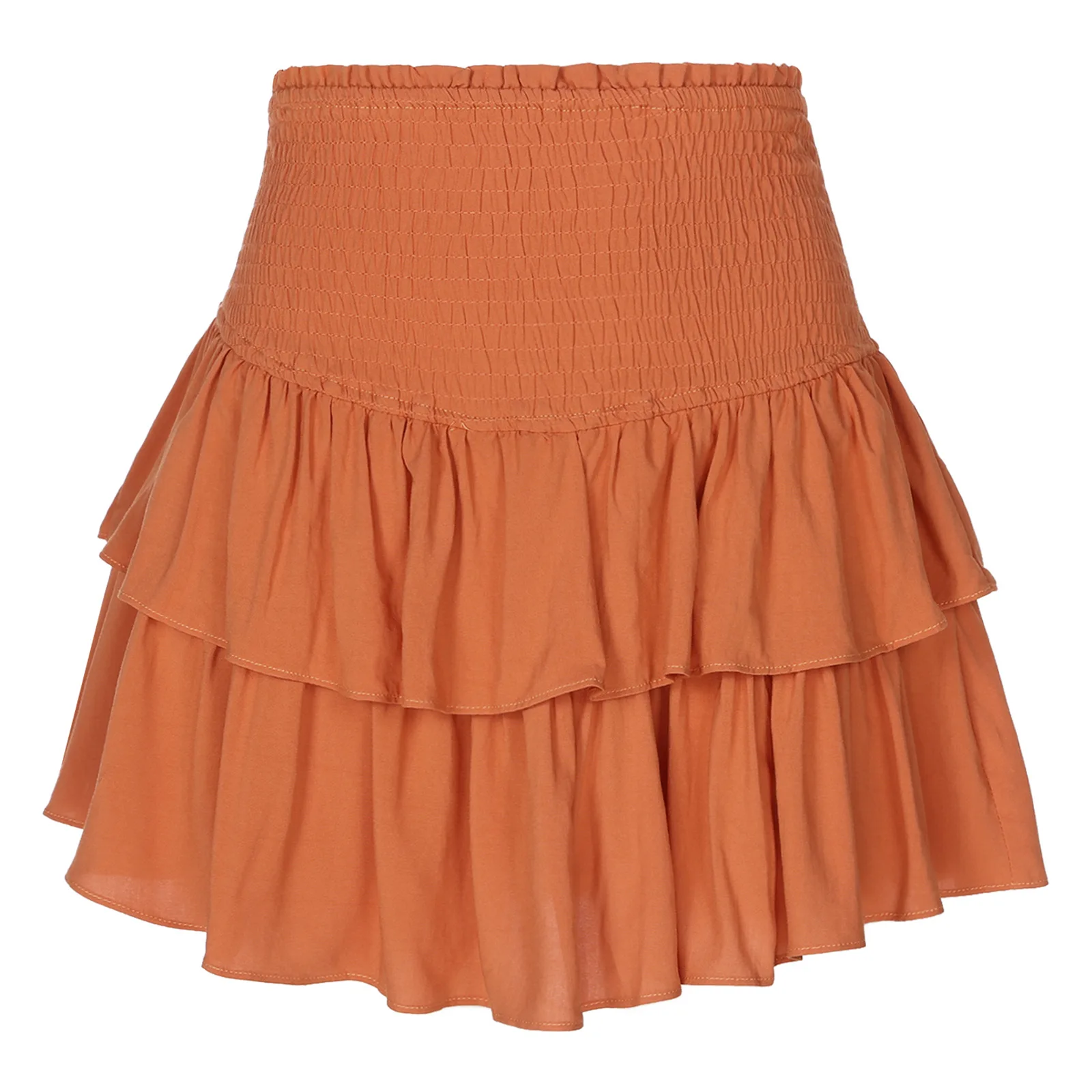 

Womens High Waist Ruffle Skirt Solid Color Shirring Elastic Waistband Skirts Built-In Shorts Layered Miniskirt