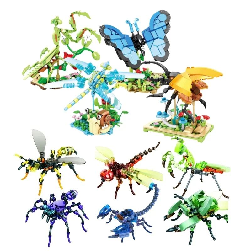 Insect World City Creativity Animal Butterfly Mantis Dragonfly Beetle Building Blocks Toys Desktop ornaments Bricks Kids Gift