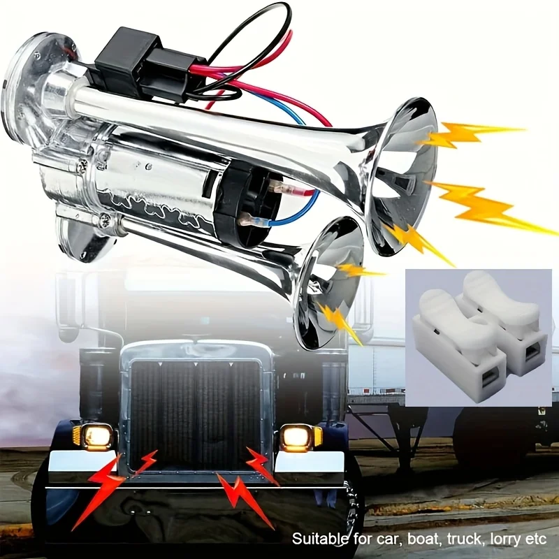 

Upgraded 12V, 120dB Air Horn Dual Horn, Super Loud Truck Train Horn Kit with Air Compressor, Includes Air Compressor for Any 12V SUV Motorcycle Truck Pickup Truck Train Car Boat, Universal Electric Dual Air Horn