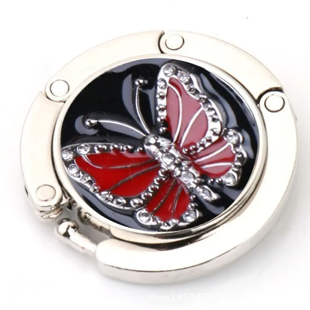 Round Metal Hanger Hook Holder Unique Folding Portable Butterfly Pattern Fashion Table Hook 1Pcs Crystal Alloy Purse Handbag Bag