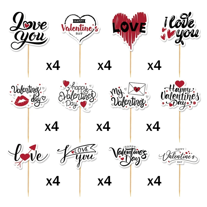 48Piece Valentine's Day Cake Toppers- Happy Valentine's Day Party Supplies Valentine Cake Topper Valentines Cake Decorations