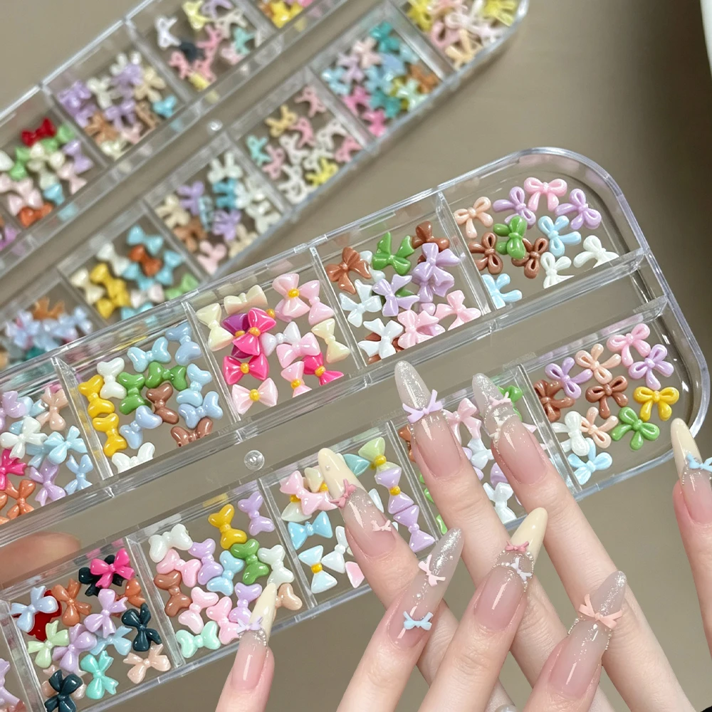 12Grids Cute Mini Bowtie Mixed Color Nail Charms 3D Dopamine Resin Ribbon Bow Nail Rhinestones DIY Flatback Bowknot Nail Decorat