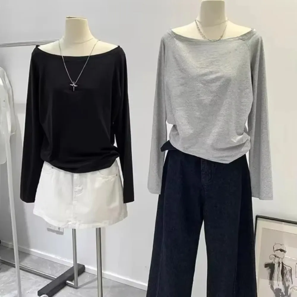 Fashion Cotton One Shoulder Shirt Solid Color Loose-fit Slant Shoulder Shirt Long Sleeve Off-shoulder Top Women's Clothing