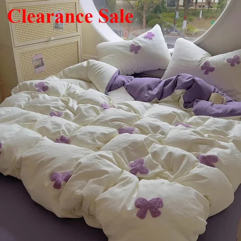 New Duvet cover set (1*Duvet Cover + 2*Pillowcase, sheet), Butterfly knot yarn embroidery Bedding Set, Soft Comfortable