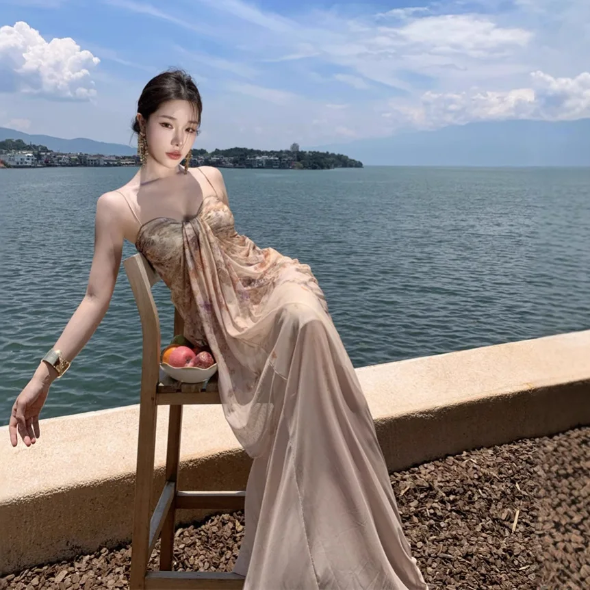 French Style Sling Dress Women's Summer Mesh Printed Elegant Thin Long Seaside Vacation Dress Figure Dress