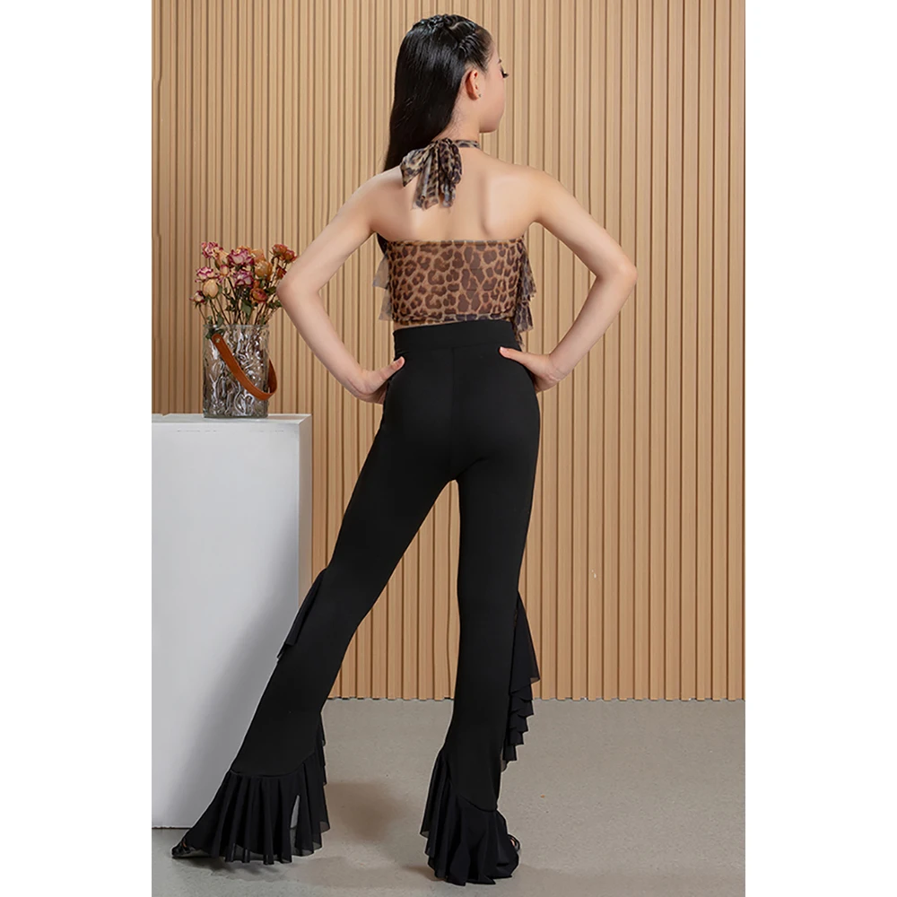 

Детский комплект для латиноамериканских танцев для девочек: топ-боди с леопардовым принтом и сетчатыми вставками, а также облегающие брюки с высокой талией для тренировок и соревнований