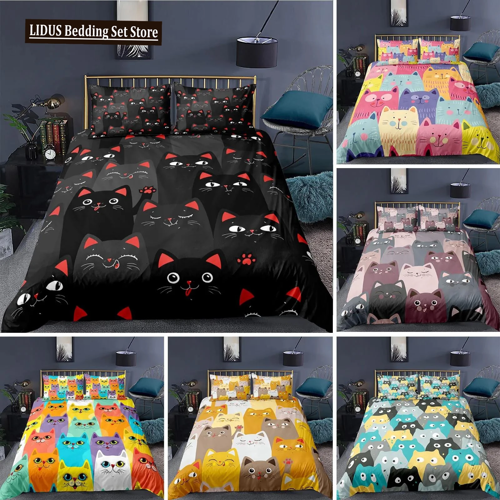 

Cat Duvet Cover Polyester Pattern With Hipster Playful Feline Characters, Decorative 3 Piece Twin Bedding Set With 2 Pillow Sham