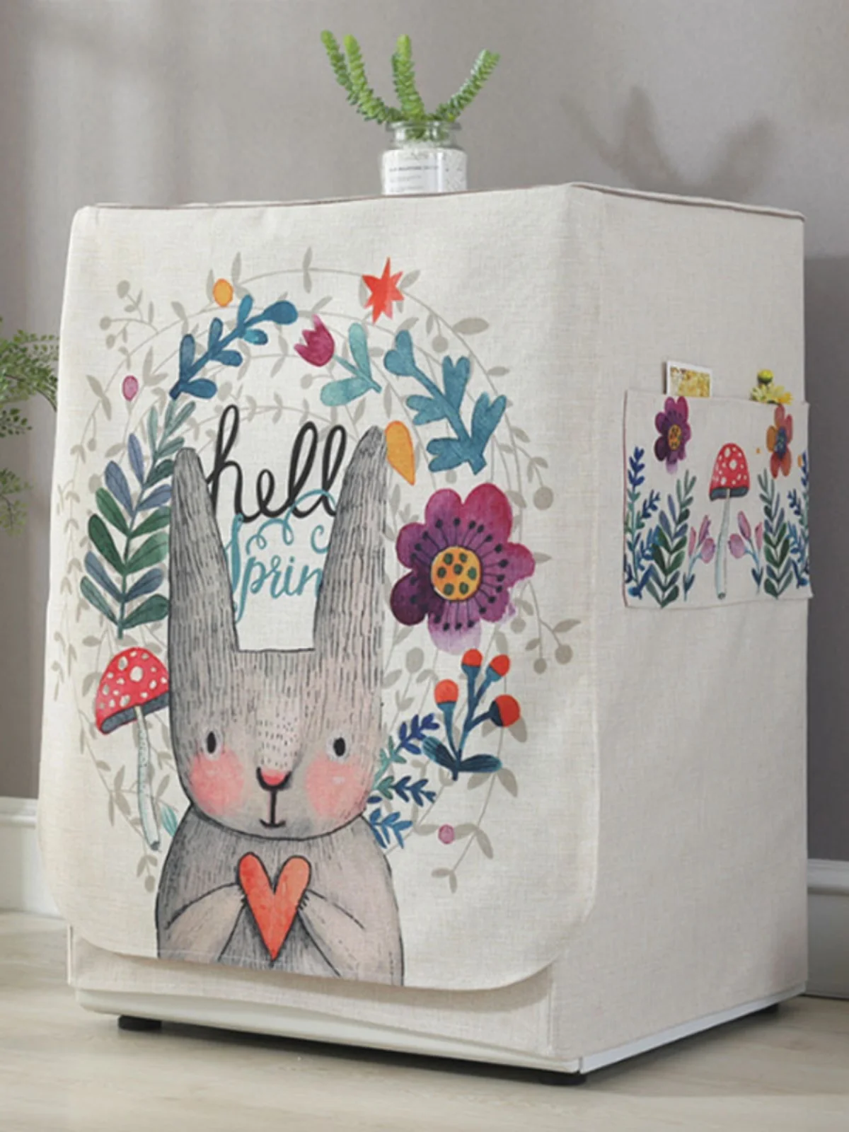 

Thiened Cotton Linen Rabbit Cartoon Sun Protection Cover for Waing hine Dust Cover Roll Drum Auatic Home Use