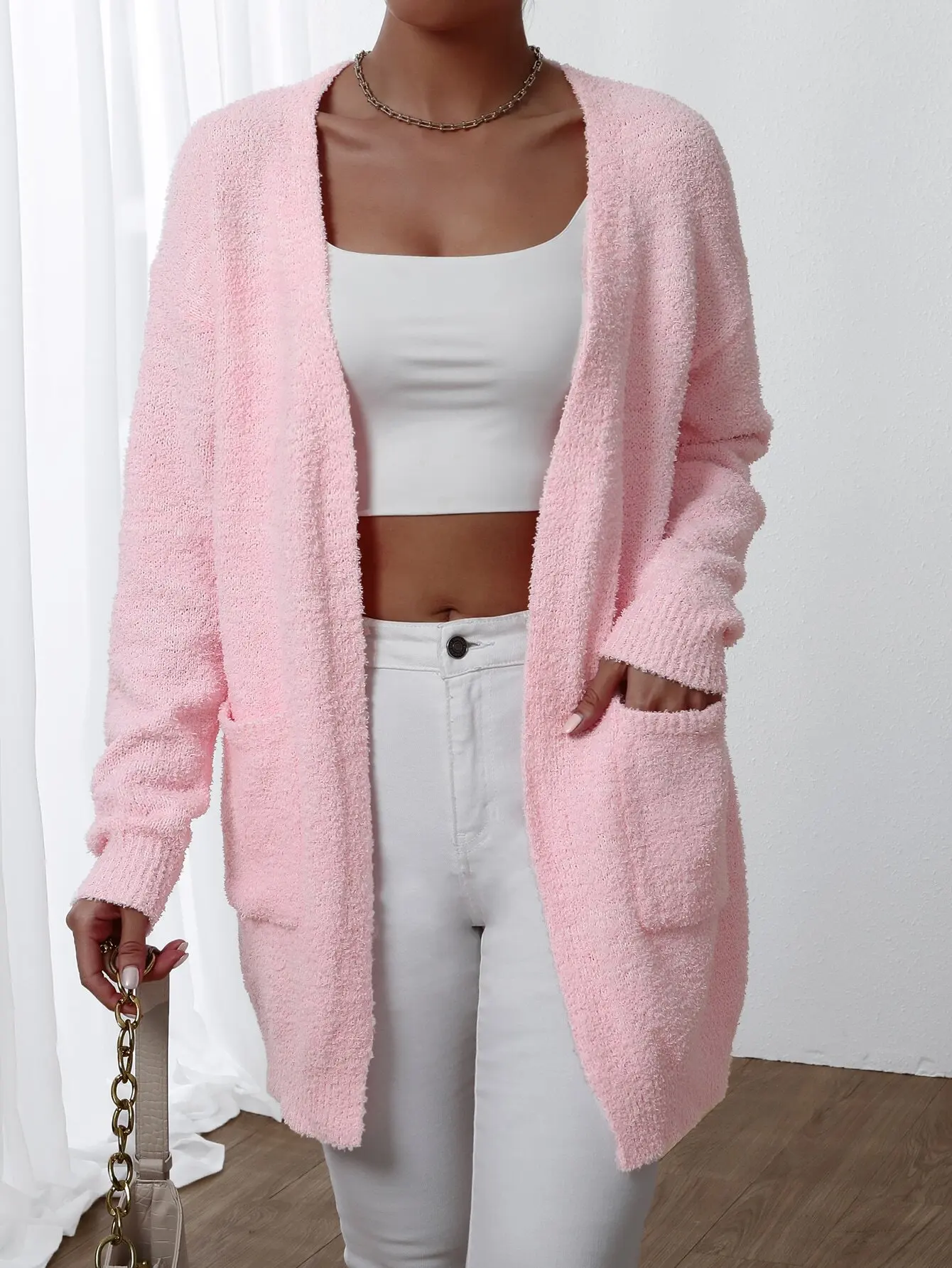 Baby Pink V-Neck Drop Shoulder Cardigan with Dual Pockets, Long Sleeve Loose Fit