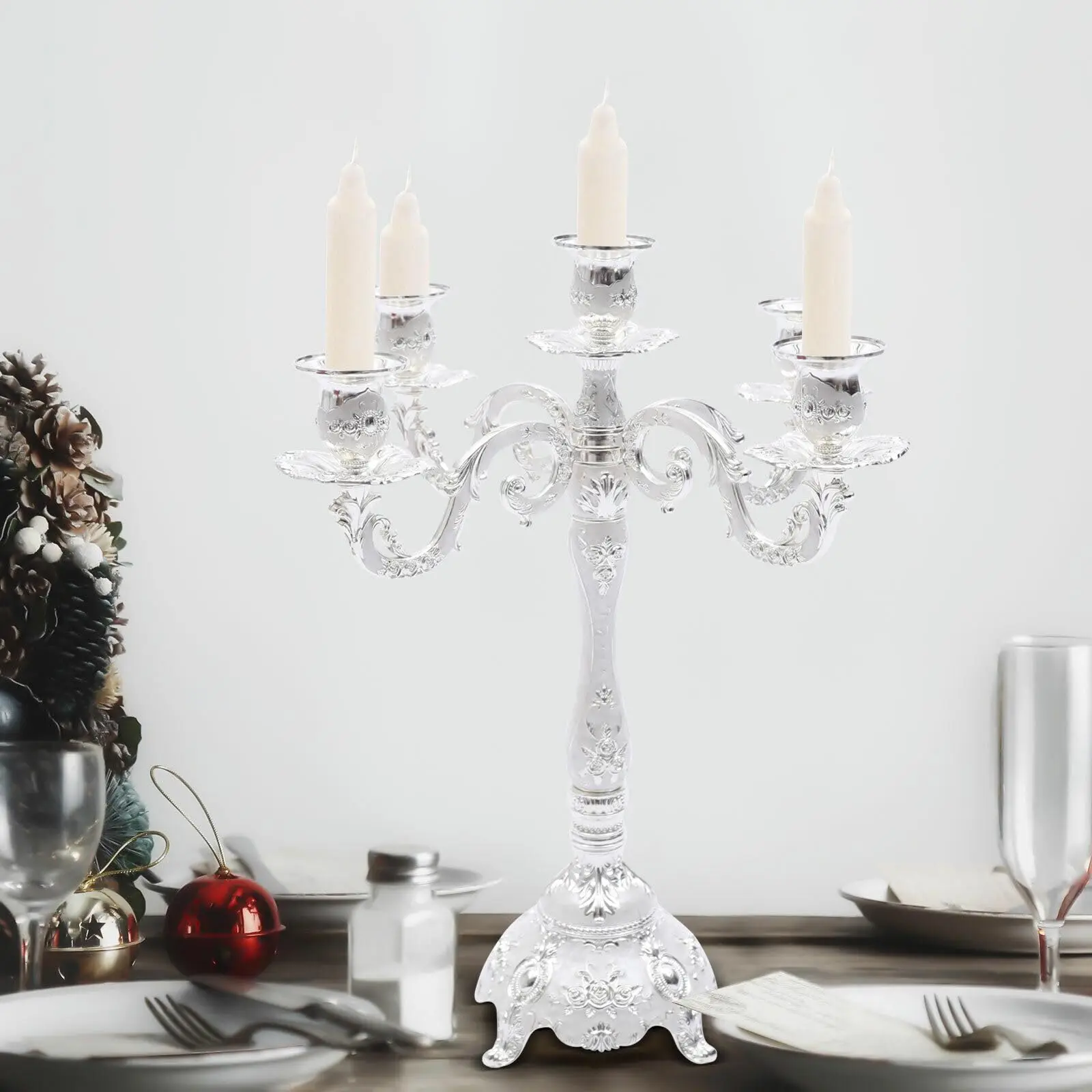 شمعدانات معدنية أنيقة بطول 14.56 بوصة ارتفاع، حامل شموع بـ 5 أذرع، حامل شموع مستدق مع نحت ثلاثي الأبعاد #1