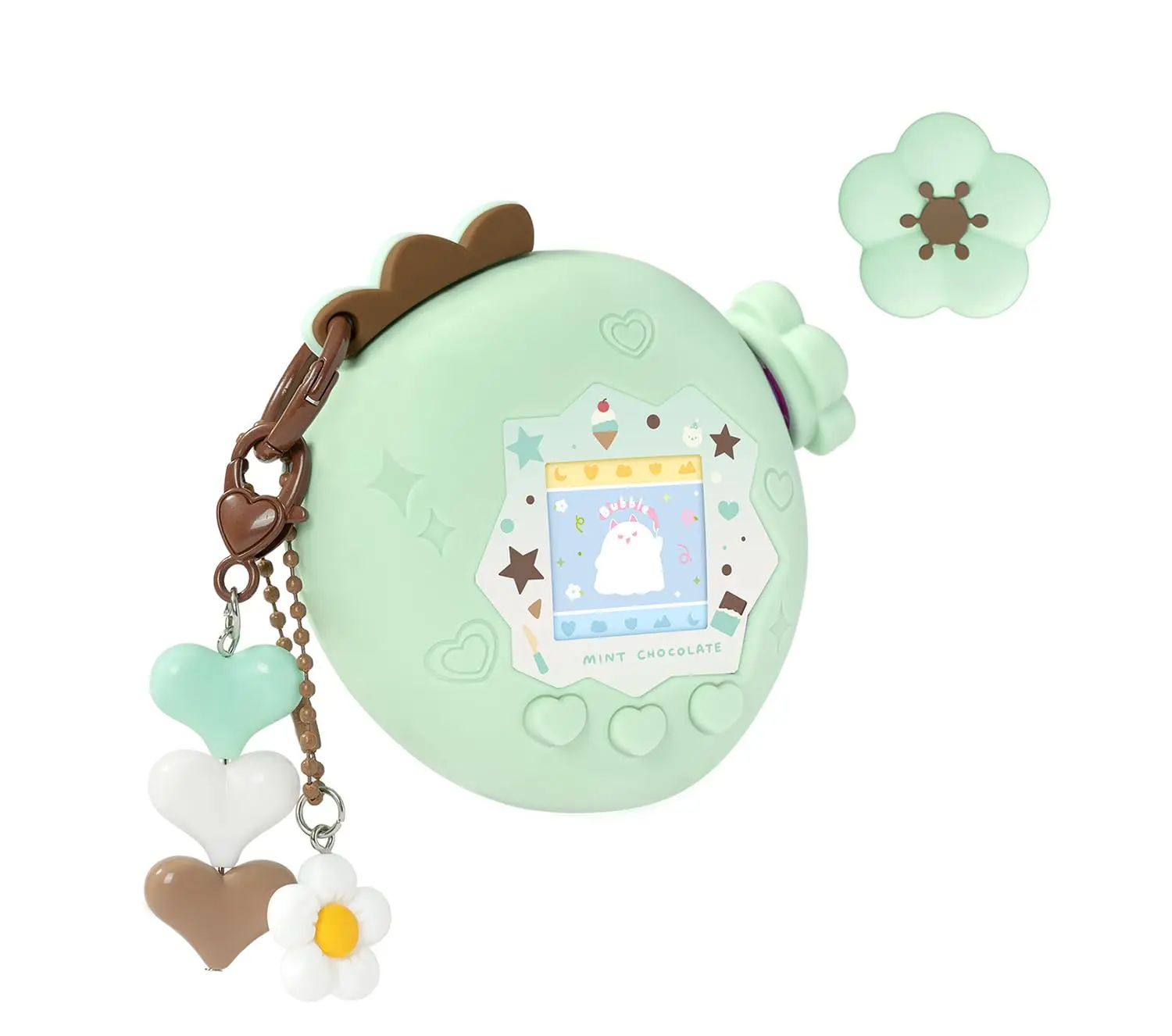 Aardbeibubbel-siliconenhoes voor de Tamagotchi Paradise – schattige beschermhoes met bloemmotief op de afdekking, sticker voor de voorkant en een bedeltje.