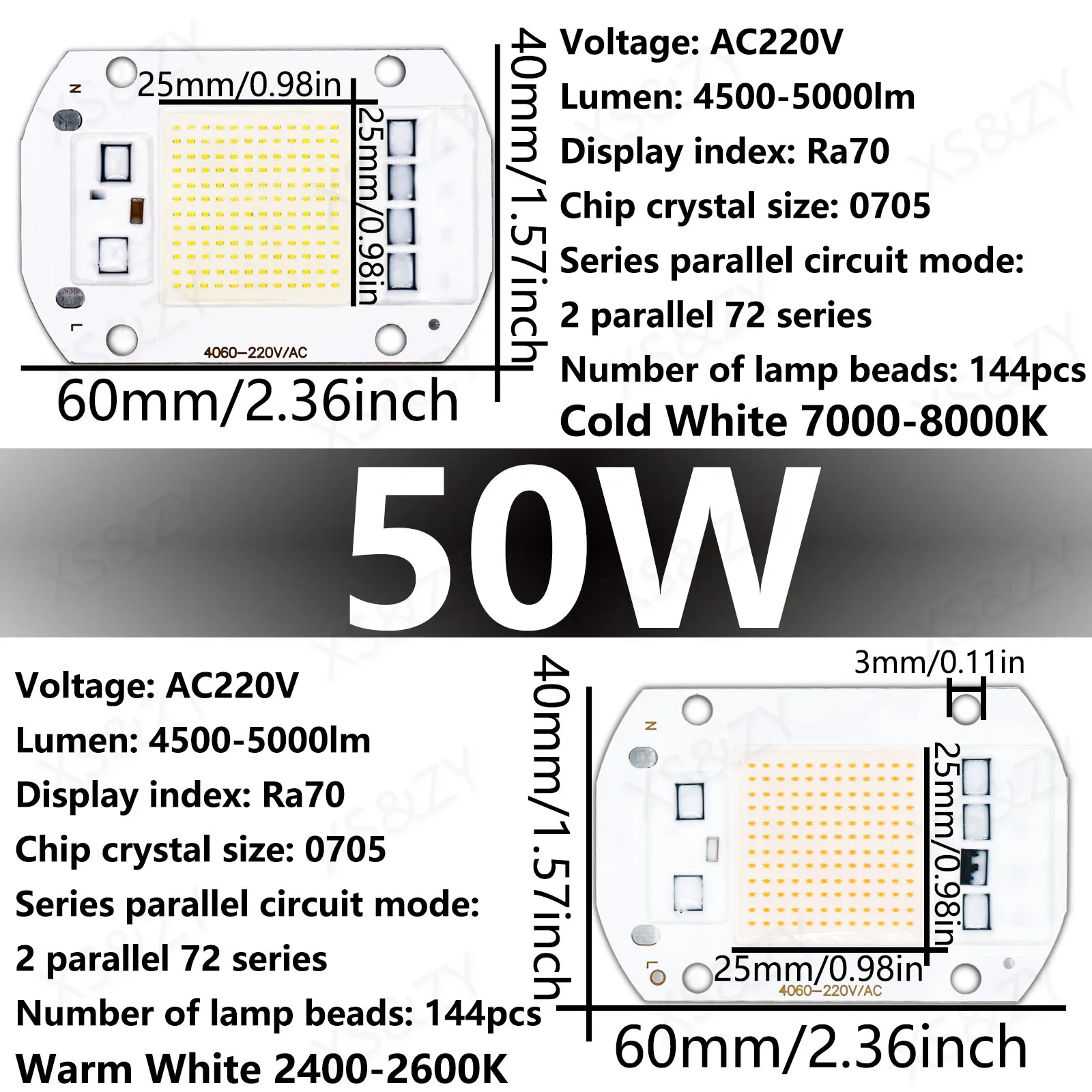 COB LED 램프 비드 칩 스마트 IC, 드라이버 필요 없음, 고압 AC 220V CSP50W, 따뜻한 냉기, 야외 조명 투광 조명용 DIY, 10 개