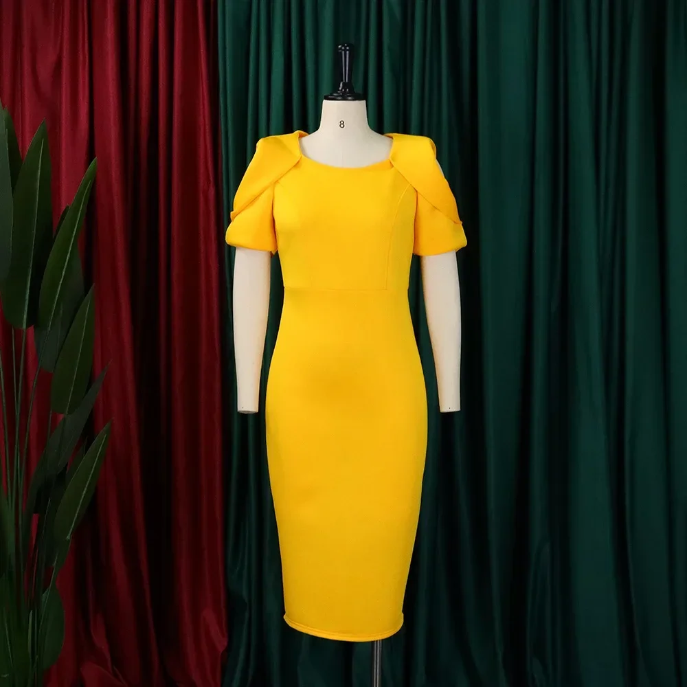 Yellow Red Green Polyester African Dresses for Women Summer African Women O-neck Short Sleeve Knee-length Dress African Clothes