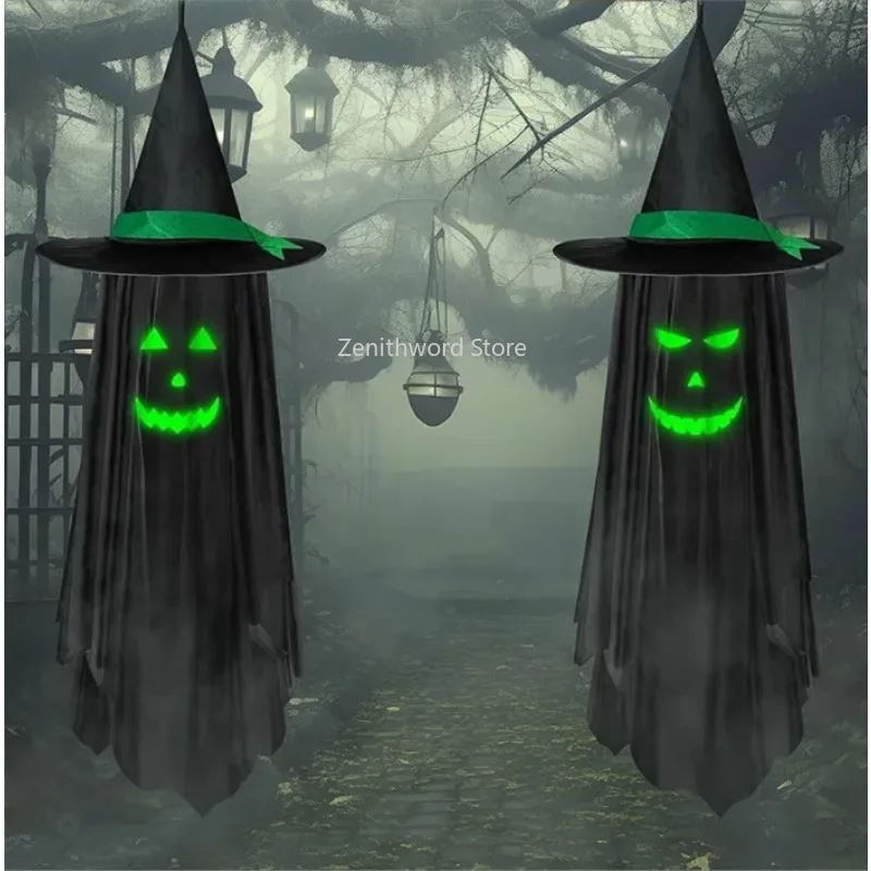 Leuchtender Hexenhut-Geist als Hängedekoration, gruseliges Nachtleuchtendes Geisterornament, leichter Stoffanhänger für festliche Halloween-Arrangements im Freien.