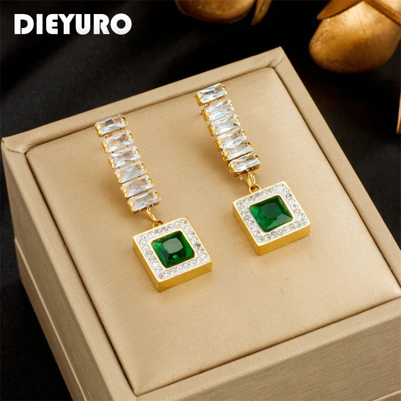 

DIEYURO 316L Stainless Steel Square Green Zircon Pendant Earrings For Women Girl New Fashion Ear Drop Waterproof Jewelry Gift