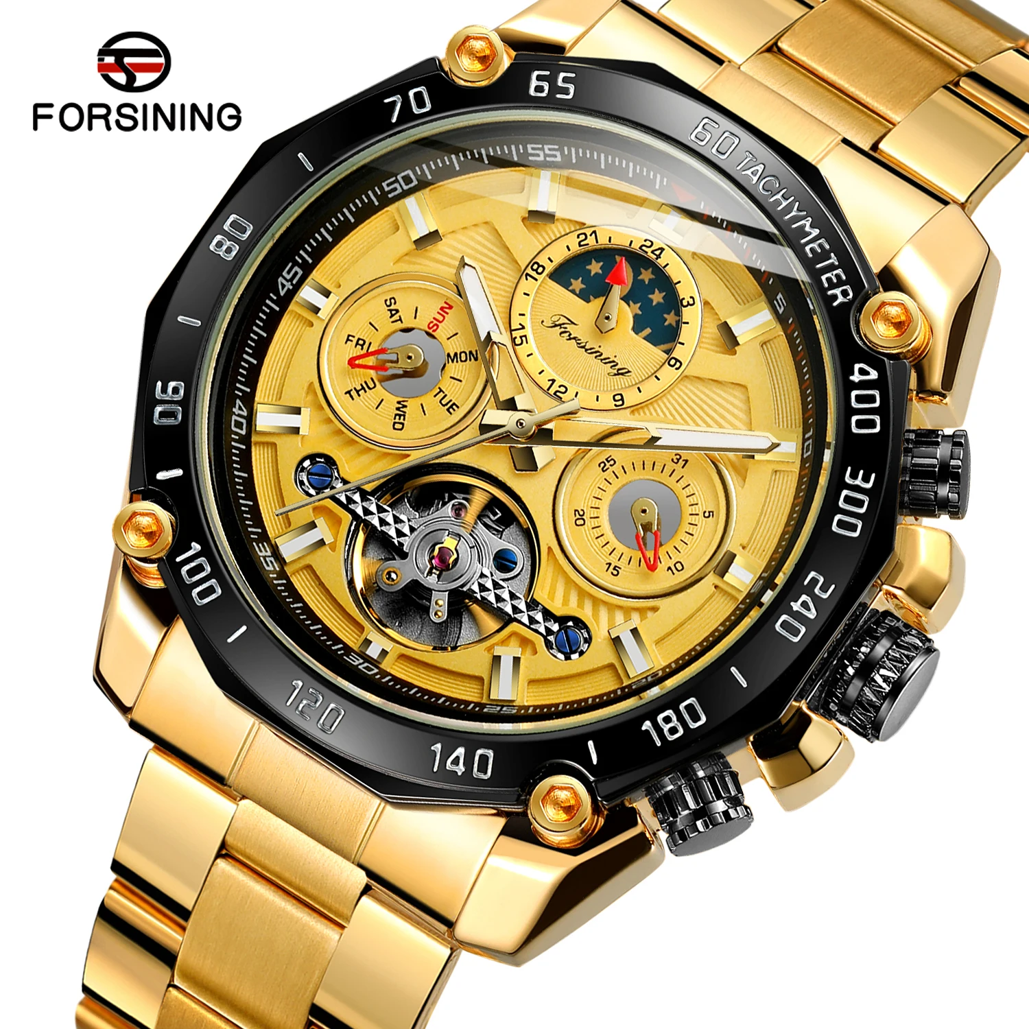 

Forsining Military Mens Watches Top Brand Luxury Tourbillon Moon Phase Skeleton Sports Automatic Mechanical Watches Steel Strap