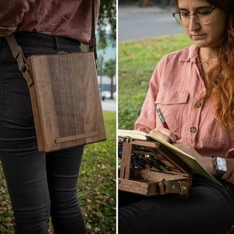 

Messenger Wood Box A5 Wooden Portable Crossbody Postman Bag Writers Shoulder Bag Artist Tool And Brush Storage Box Painter Gifts