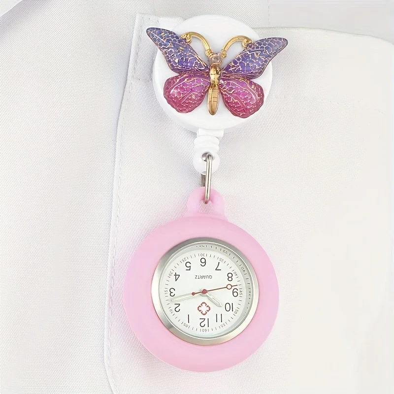 Cute Pink Butterfly Pocket Watch for Nurse, Gradient Color Wings, Round Alloy Case,  Quartz Movement,  Decorative Timepiece