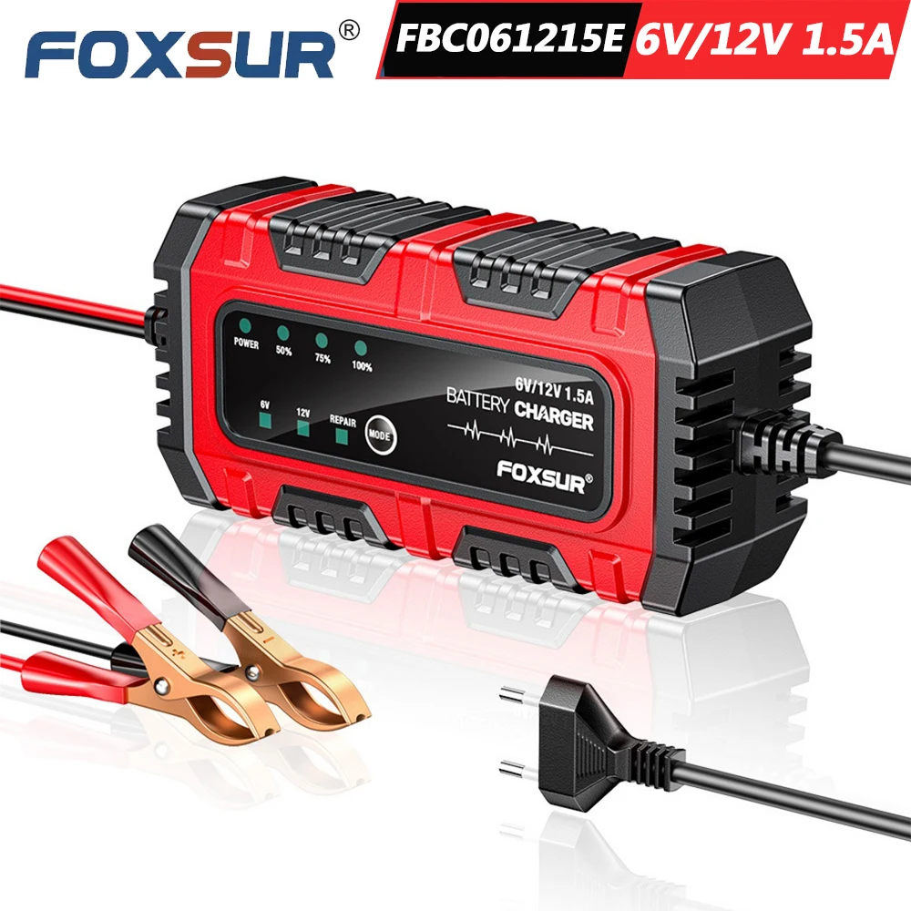 FOXSUR FBC061215E 6V 12V 1.5A Car Battery Charger 4AH-30AH 50-60Hz 100-240V Motorcycle LiFePo4 AGM EFB GFL Battery Maintainer