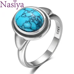 Charms 8x10MM Turquoise Woman Wedding Rings Silver Jewelry Girls Female 's Party Anniversary Birthday Present Wholesale