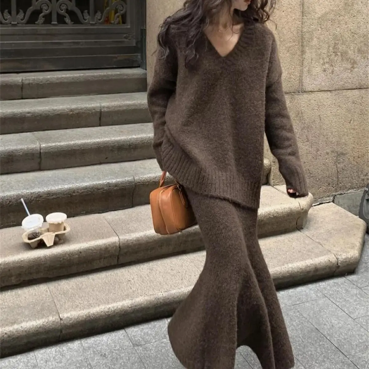 Fashion Two Piece Set For Women Knitted V Neck Sweater Tops Solid Color Skirts Elegant Autumn Winter Female Skirt Sets Casual