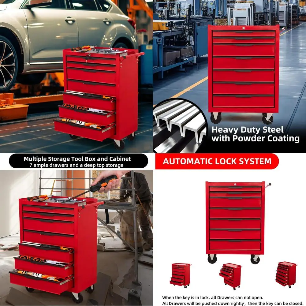 

Большой ящик для инструментов на колесиках с цилиндрическим замком и колесами, красный металлический ящик для хранения