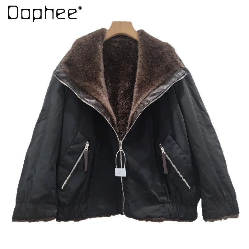 

Faux Rabbit Fur Patchwork Black Coat for Women Short Style Eco-friendly Fur Coat Long Sleeve Winter Jacket for Women