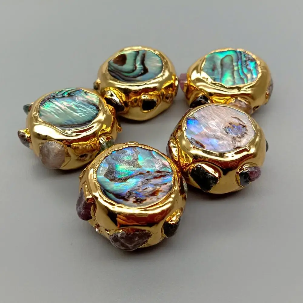 10 PCS Abalone Shell Tourmaline Coin Shape Beads Connector Jewelry Accessory